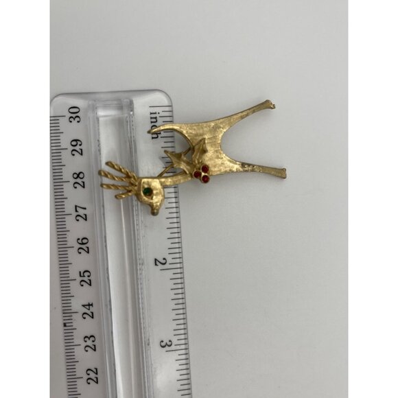 Christmas Reindeer Brooch Gold Tone Red Green Accents 2.5" - Picture 7 of 8